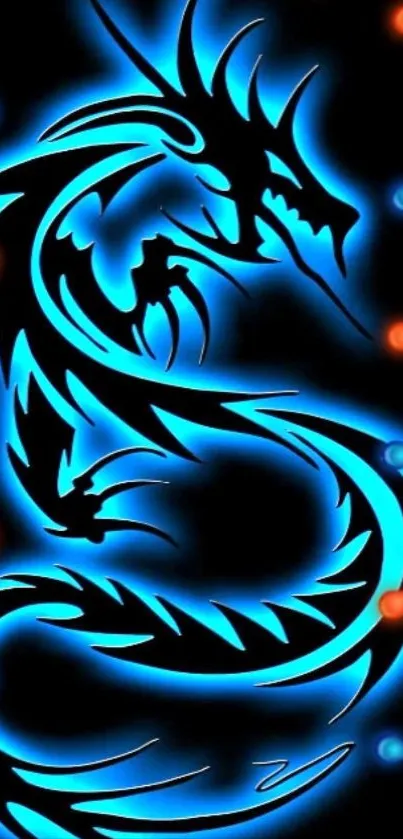 Neon dragon with black background and colorful lights.