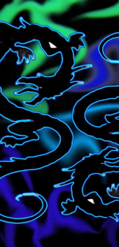 Electric blue dragons on a dark background with neon green highlights.