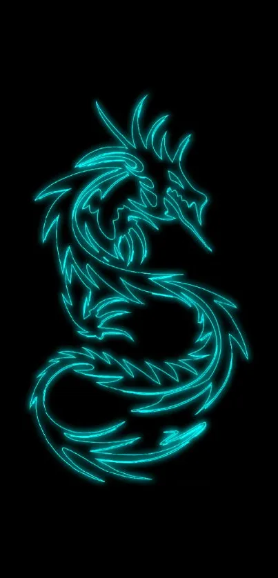 Neon turquoise dragon on black background.