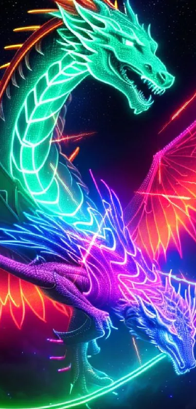 Colorful neon dragon fantasy wallpaper with vibrant lights.