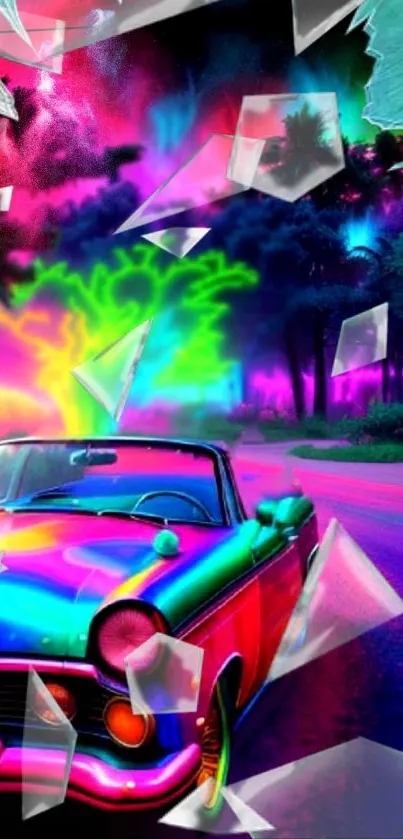 Neon retro car under vibrant aurora lights in a fantasy landscape.