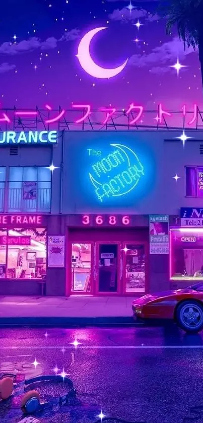 Neon city street scene with purple hues and a crescent moon.