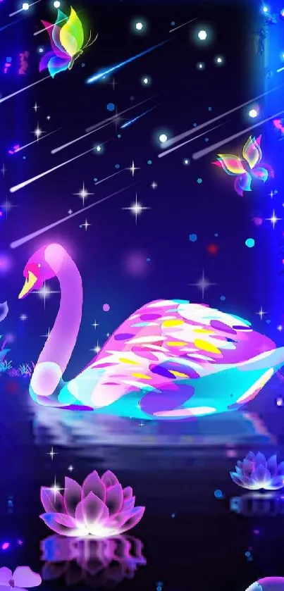 Neon fantasy swan with butterflies in a night scene.