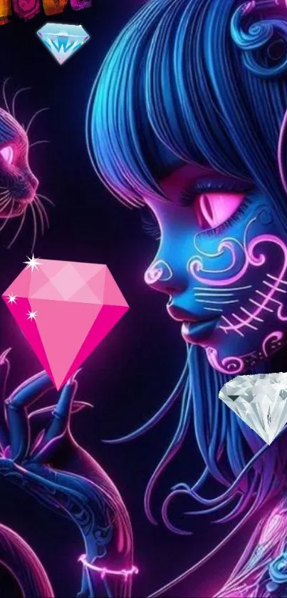 Neon fantasy artwork with girl, cat, and diamond accents.