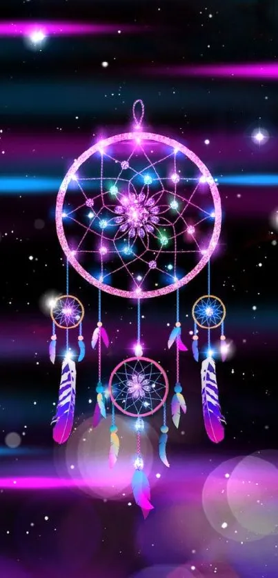 Neon dreamcatcher against a starry galaxy background.