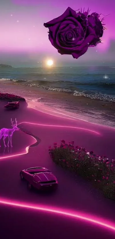 Surreal neon beach with purple rose and glowing deer at sunset.