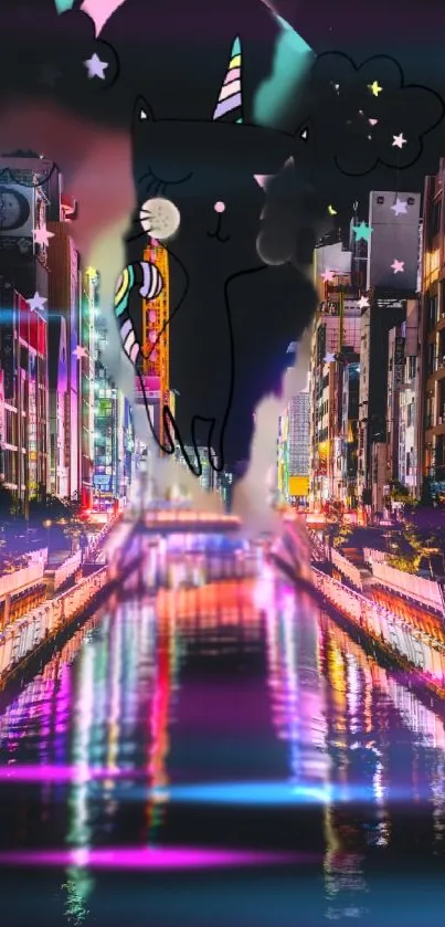 Neon cityscape wallpaper with whimsical cat scene.