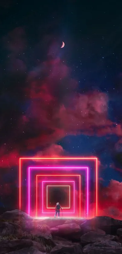 Neon geometric design with pink and purple hues under a starlit sky.