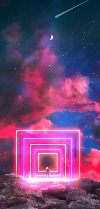 Neon frames and cosmic sky wallpaper with vibrant pink hues.