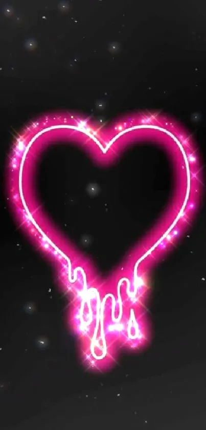 Neon pink heart with dripping effect on black background.