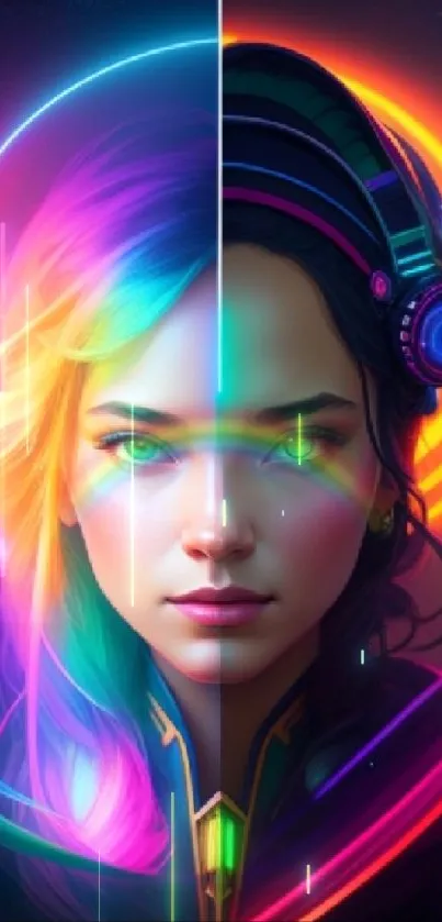 Vibrant neon duality futuristic portrait in colorful mobile wallpaper.