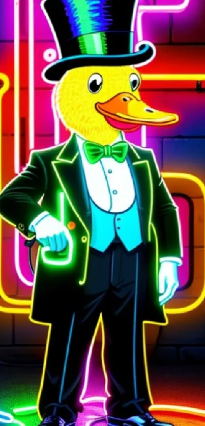 Neon duck in tuxedo with colorful neon lights background.