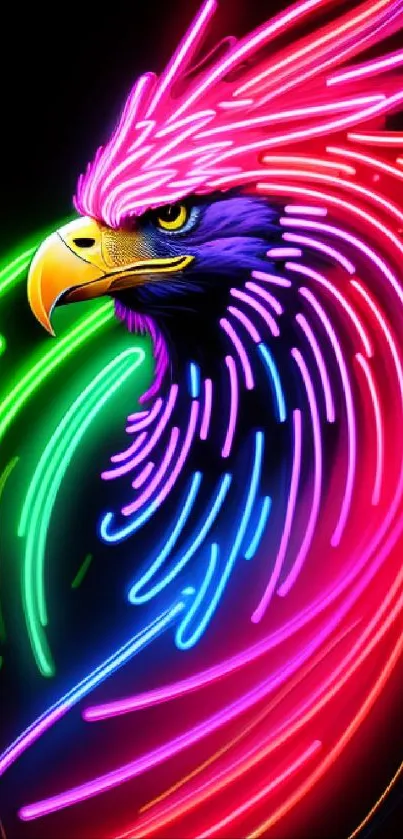 Colorful neon eagle art with bright lights and vivid colors on dark background.