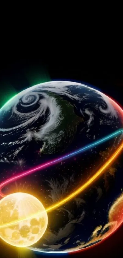 Neon Earth with glowing orbit lines and bright Moon.