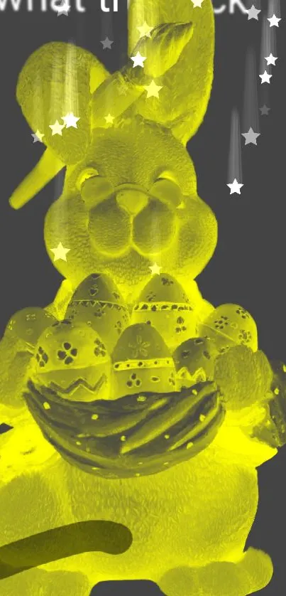 Neon yellow Easter bunny with decorative eggs and stars on a mobile wallpaper.