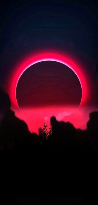 Vibrant neon eclipse with pink glow and dark silhouettes for mobile wallpaper.