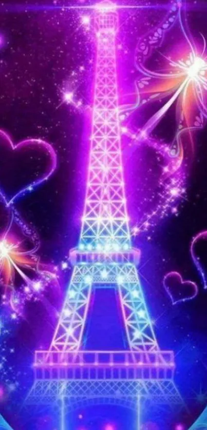 Neon Eiffel Tower with colorful hearts and vibrant lights.