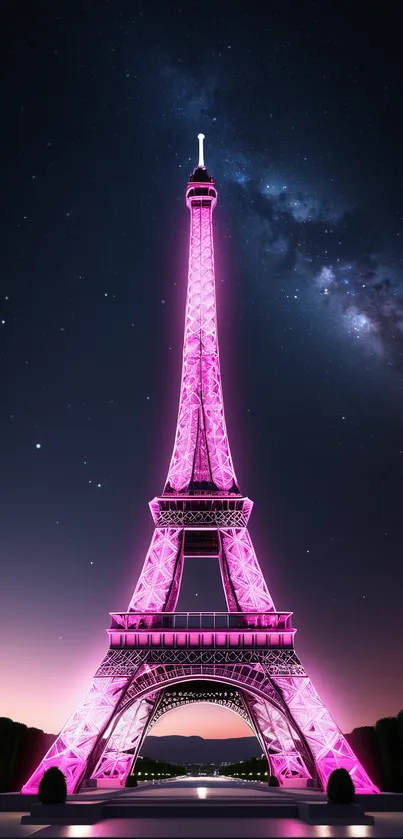 Neon pink Eiffel Tower under a starry sky.