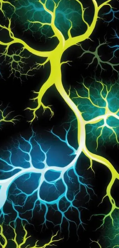Vibrant neon electric wallpaper with blue and yellow glowing circuit design.