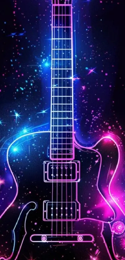 Neon electric guitar with cosmic theme in vibrant colors.