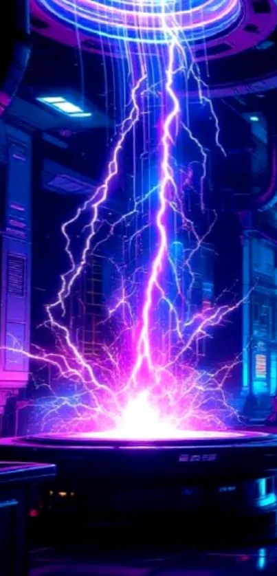 Neon electric lightning in a futuristic chamber.