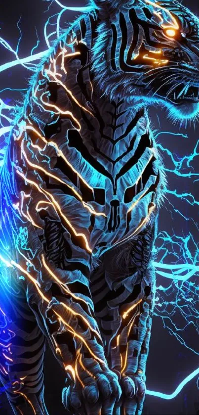 Neon blue and orange electric tiger on dark background.