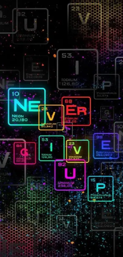 Bright neon periodic table design with motivational text on a black background.