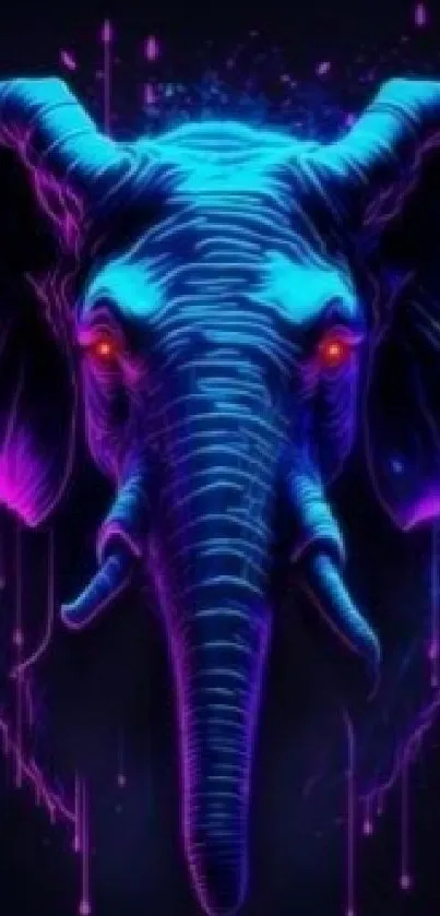 Neon blue and pink elephant digital art on dark background.