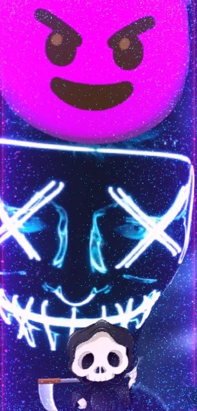 Vibrant neon skull and emoji on dark cosmic wallpaper.