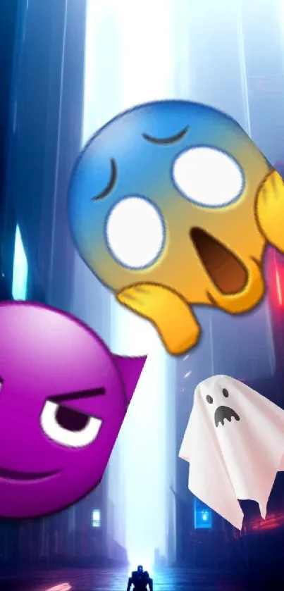Futuristic cityscape with colorful emojis and neon lights.