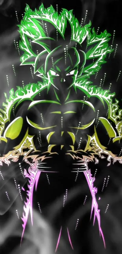 Anime warrior with neon energy aura and muscular build.