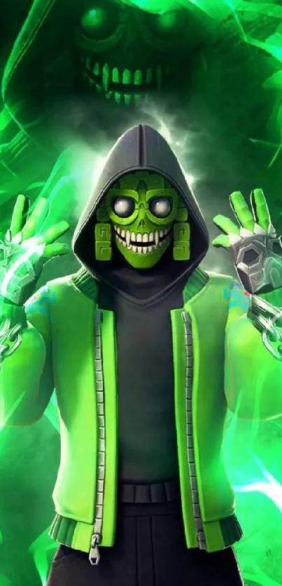 Neon green masked character with glowing aura.