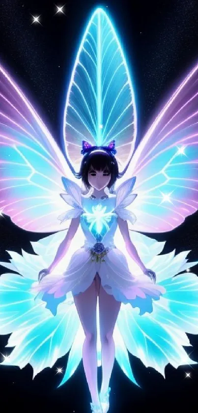 Neon fairy with glowing wings on dark background wallpaper.