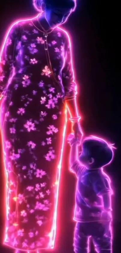 Neon artwork featuring a family moment with vibrant outlines and glowing colors.
