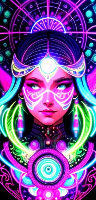 Bright neon fantasy art featuring a mystical character with intricate design.