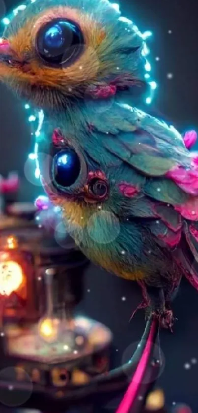 Neon fantasy bird with glowing feathers and vibrant colors.