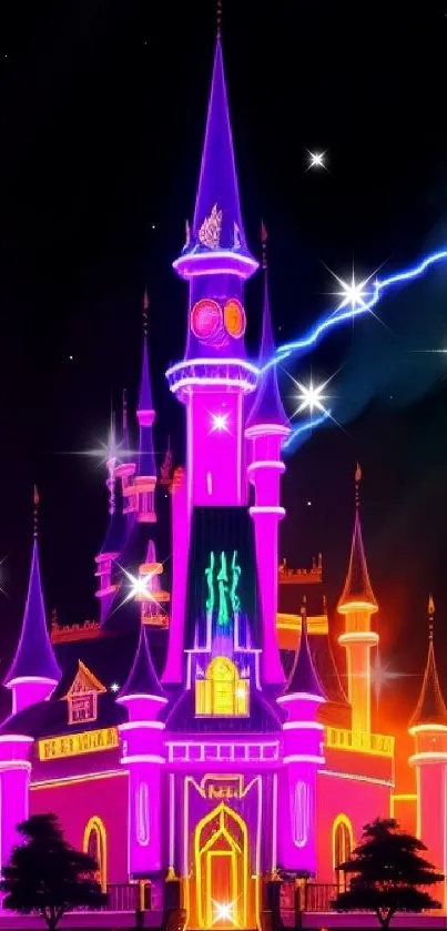 Vibrant neon castle with fantasy elements glowing in vivid colors.