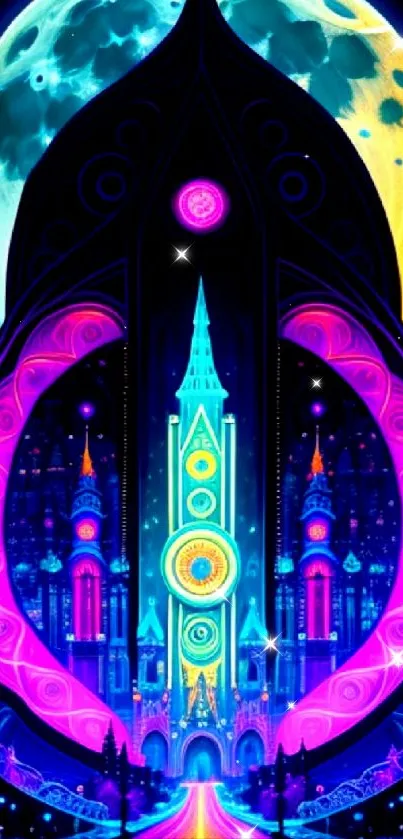 Vibrant neon castle and celestial moon in fantasy landscape wallpaper.