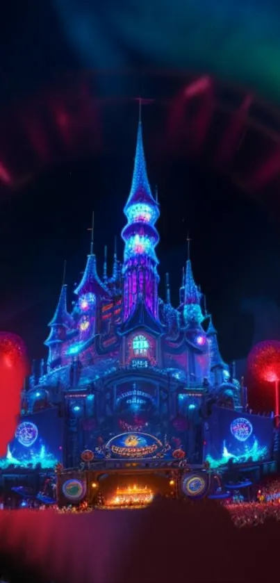 Neon fantasy castle glowing with vibrant colors.