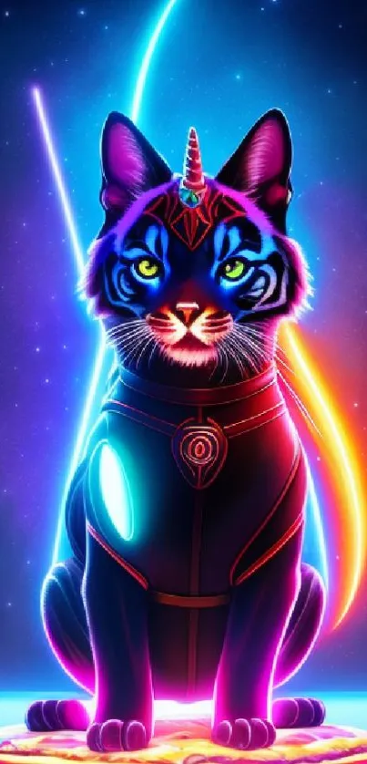 A neon fantasy cat with cosmic elements glowing vibrantly against a dark background.