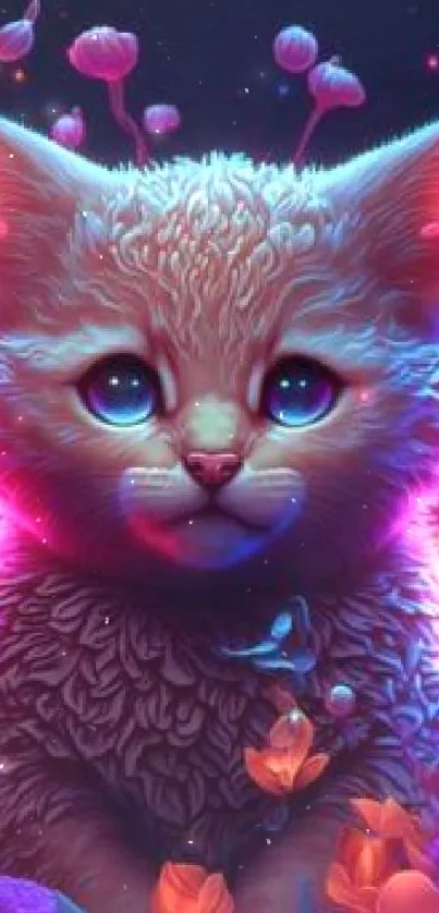 A neon fantasy cat surrounded by vibrant flowers.