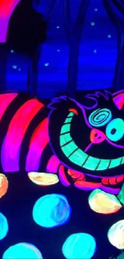 Neon fantasy cat with glowing colors on whimsical background.