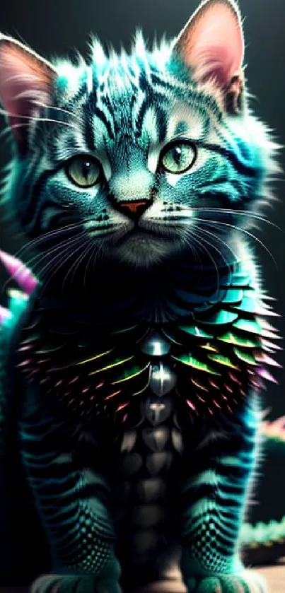 A neon fantasy cat with colorful, glowing accents against a dark background.