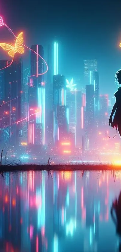 Mobile wallpaper of neon city with fantasy elements and glowing butterflies.