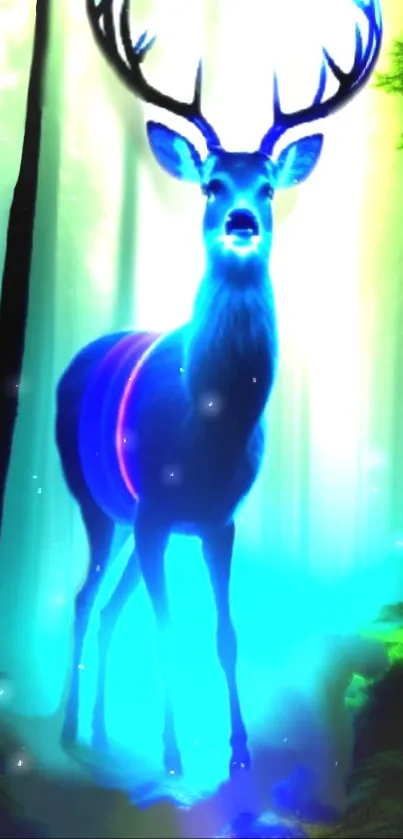 Vibrant neon deer in a mystical forest setting, glowing blue and teal.