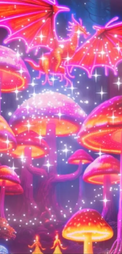 Neon dragon flying over glowing mushrooms in a fantasy scene.