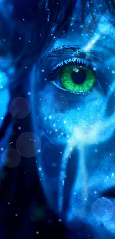 Vibrant blue fantasy scene with striking green eye glow.