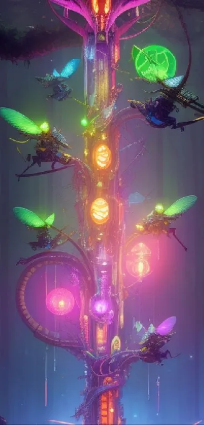 Fantasy forest wallpaper with neon glowing insects and a mystical tree.