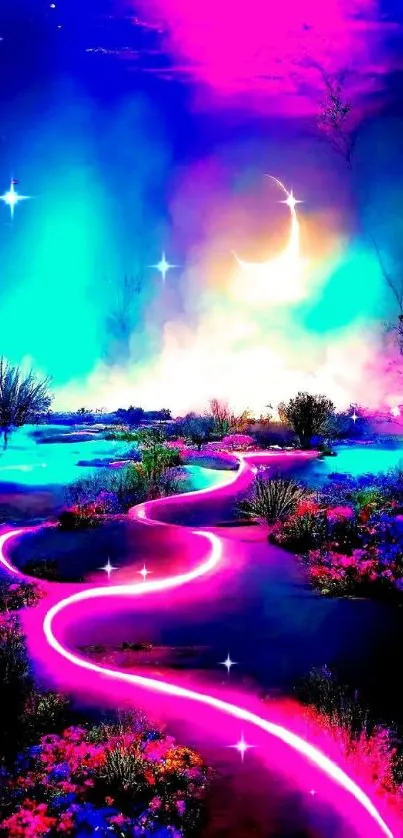 Vivid neon fantasy landscape with moonlit path.