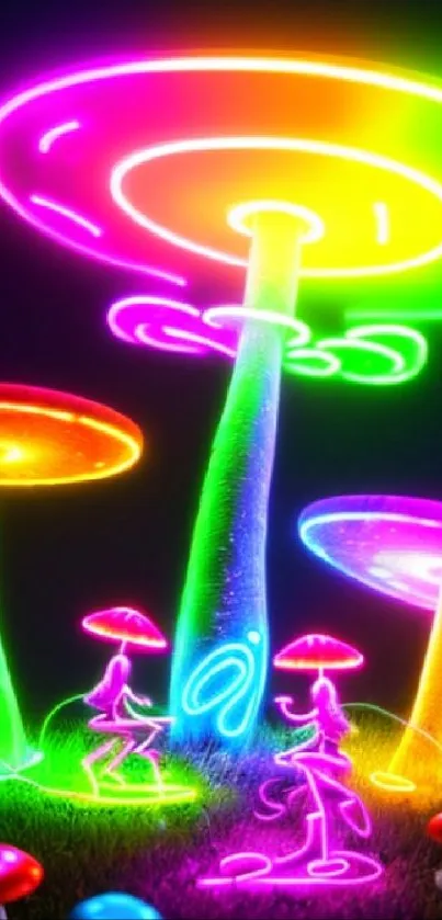 Neon mushrooms glowing in a colorful forest.